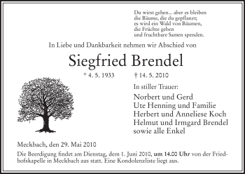 Traueranzeige von Siegfried Brendel von HERSFELDER ZEITUNG