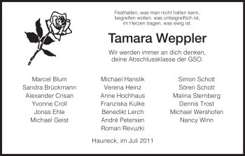 Traueranzeige von Tamara Weppler von HERSFELDER ZEITUNG