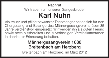 Traueranzeige von Karl Nuhn von HERSFELDER ZEITUNG