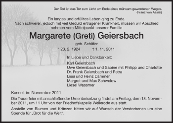 Traueranzeige von Margarete Geiersbach von HERSFELDER ZEITUNG