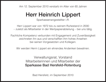 Traueranzeige von Heinrich Lippert von HERSFELDER ZEITUNG