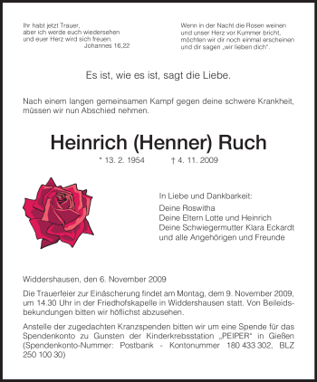 Traueranzeige von Heinrich Ruch von HERSFELDER ZEITUNG