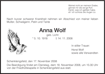 Traueranzeige von Anna Wolf von HERSFELDER ZEITUNG