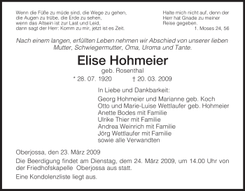 Traueranzeige von Elise Hohmeier von HERSFELDER ZEITUNG