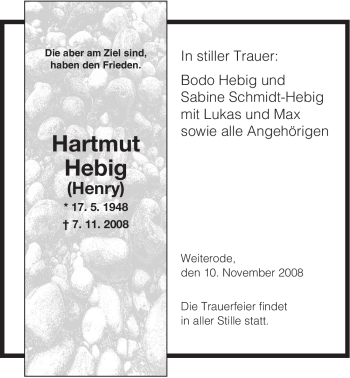 Traueranzeige von Hartmut Hebig von HERSFELDER ZEITUNG