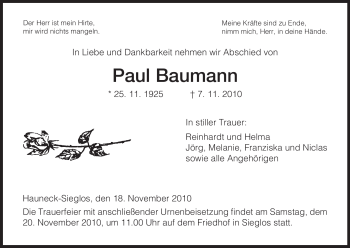 Traueranzeige von Paul Baumann von HERSFELDER ZEITUNG