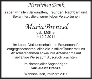 Traueranzeige von Maria Brenzel von HERSFELDER ZEITUNG