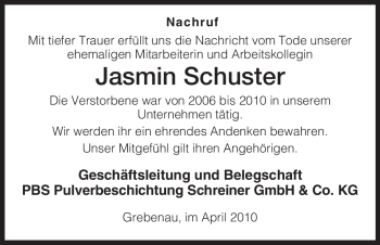 Traueranzeige von Jasmin Schuster von HERSFELDER ZEITUNG