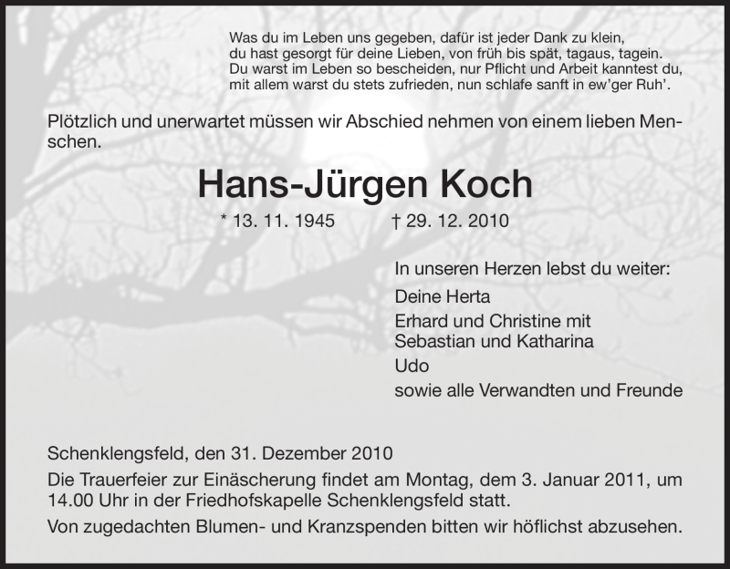  Traueranzeige für Hans-Jürgen Koch vom 31.12.2010 aus HERSFELDER ZEITUNG