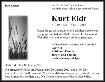 Traueranzeige von Kurt Eidt von HERSFELDER ZEITUNG