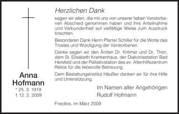 Traueranzeige von Anna Hofmann von HERSFELDER ZEITUNG