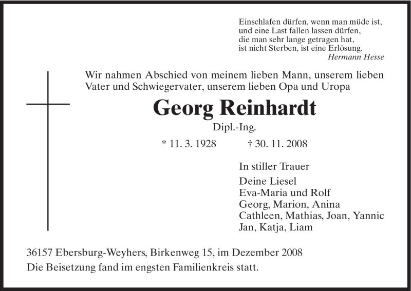  Traueranzeige für Georg Reinhardt vom 22.12.2008 aus HERSFELDER ZEITUNG