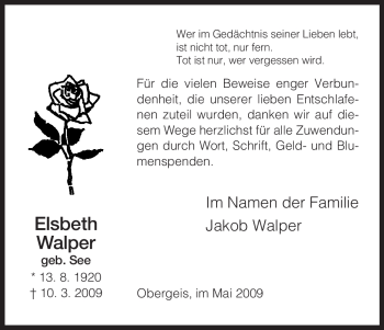 Traueranzeige von Elsbeth Walper von HERSFELDER ZEITUNG