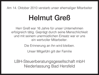 Traueranzeige von Helmut Greß von HERSFELDER ZEITUNG