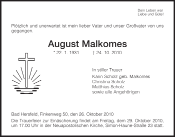 Traueranzeige von August Malkomes von HERSFELDER ZEITUNG