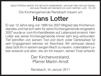 Traueranzeige von Hans Lotter von HERSFELDER ZEITUNG