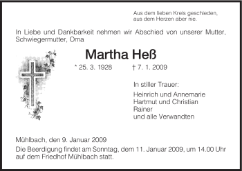 Traueranzeige von Martha Heß von HERSFELDER ZEITUNG