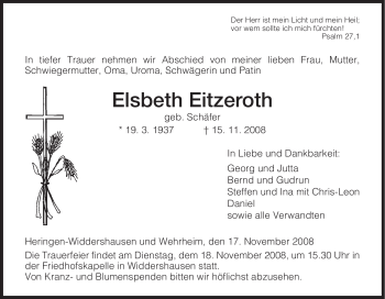 Traueranzeige von Elsbeth Eitzeroth von HERSFELDER ZEITUNG