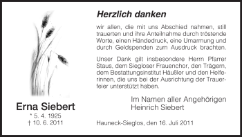 Traueranzeige von Erna Siebert von HERSFELDER ZEITUNG