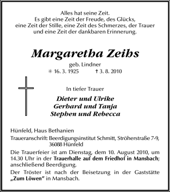 Traueranzeige von Margaretha Zeihs von HERSFELDER ZEITUNG