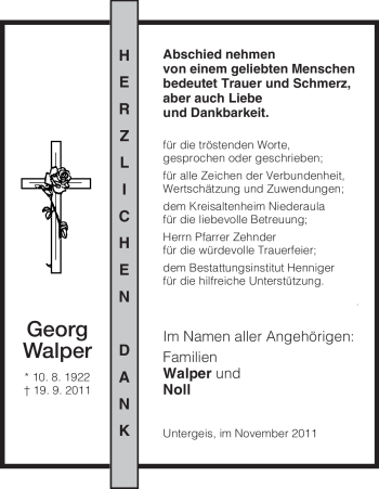 Traueranzeige von Georg Walper von HERSFELDER ZEITUNG