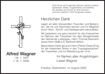 Traueranzeige von Alfred Wagner von HERSFELDER ZEITUNG