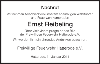 Traueranzeige von Ernst Reibeling von HERSFELDER ZEITUNG