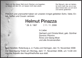 Traueranzeige von Helmut Pinazza von HERSFELDER ZEITUNG
