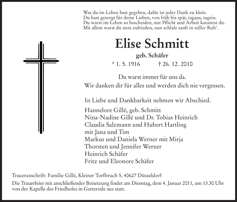  Traueranzeige für Elise Schmitt vom 31.12.2010 aus HERSFELDER ZEITUNG