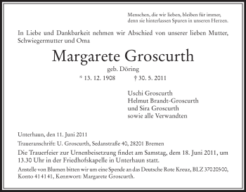 Traueranzeige von Margarete Groscurth von HERSFELDER ZEITUNG