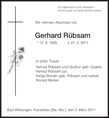 Traueranzeige von Gerhard Rübsam von HERSFELDER ZEITUNG