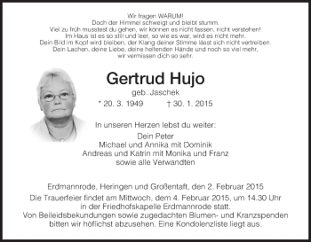 Traueranzeige von Gertrud Hujo von Hersfeld