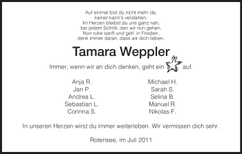 Traueranzeige von Tamara Weppler von HERSFELDER ZEITUNG