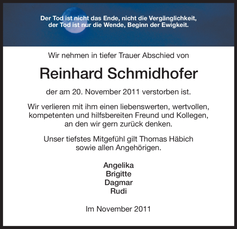  Traueranzeige für Reinhard Schmidhofer vom 30.11.2011 aus HERSFELDER ZEITUNG