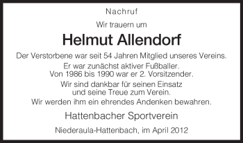 Traueranzeige von Helmut Allendorf von HERSFELDER ZEITUNG