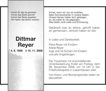 Traueranzeige von Dittmar Reyer von HERSFELDER ZEITUNG