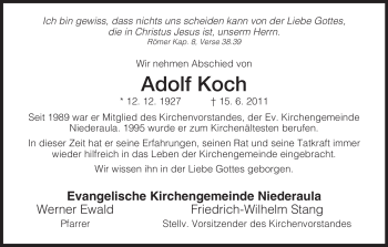 Traueranzeige von Adolf Koch von HERSFELDER ZEITUNG