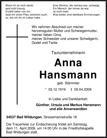 Traueranzeige von Anna Hansmann von HERSFELDER ZEITUNG