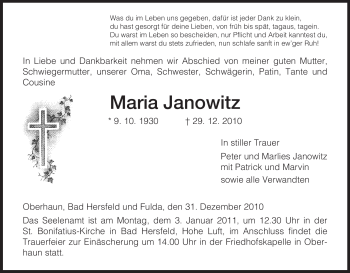 Traueranzeige von Maria Janowitz von HERSFELDER ZEITUNG