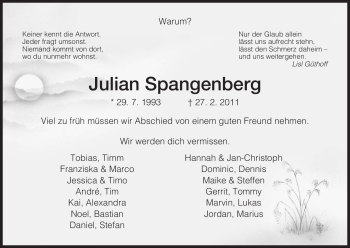 Traueranzeige von Julian Spangenberg von HERSFELDER ZEITUNG