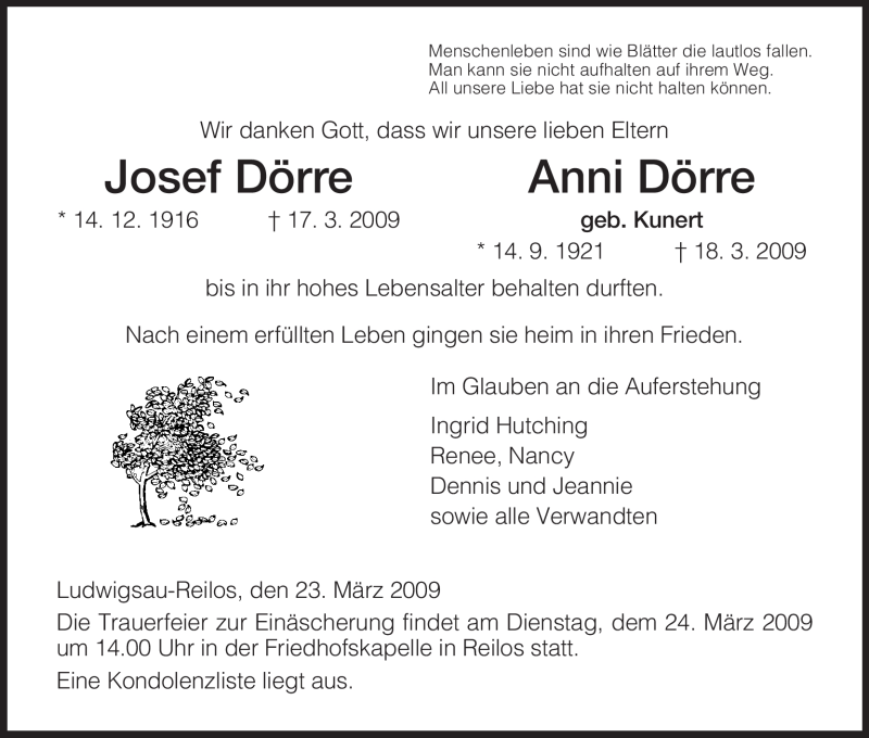  Traueranzeige für Anni Dörre vom 23.03.2009 aus HERSFELDER ZEITUNG
