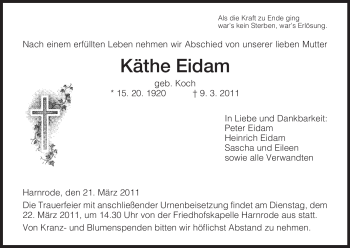 Traueranzeige von Käthe Eidam von HERSFELDER ZEITUNG