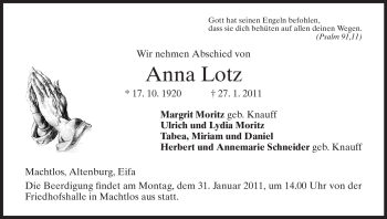 Traueranzeige von Anna Lotz von HERSFELDER ZEITUNG