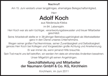 Traueranzeige von Adolf Koch von HERSFELDER ZEITUNG