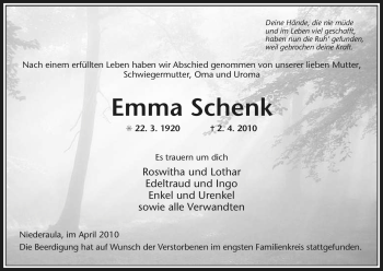 Traueranzeige von Emma Schenk von HERSFELDER ZEITUNG