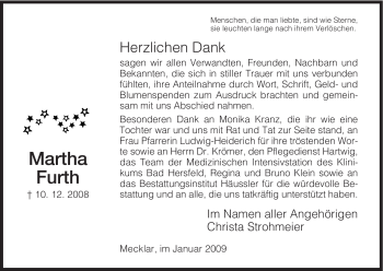 Traueranzeige von Martha Furth von HERSFELDER ZEITUNG