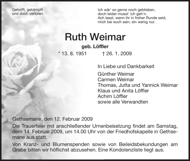  Traueranzeige für Ruth Weimar vom 12.02.2009 aus HERSFELDER ZEITUNG