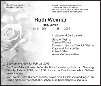 Traueranzeige von Ruth Weimar von HERSFELDER ZEITUNG