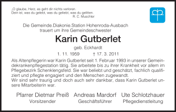 Traueranzeige von Karin Gutberlet von HERSFELDER ZEITUNG