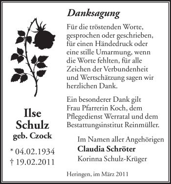 Traueranzeige von Ilse Schulz von HERSFELDER ZEITUNG